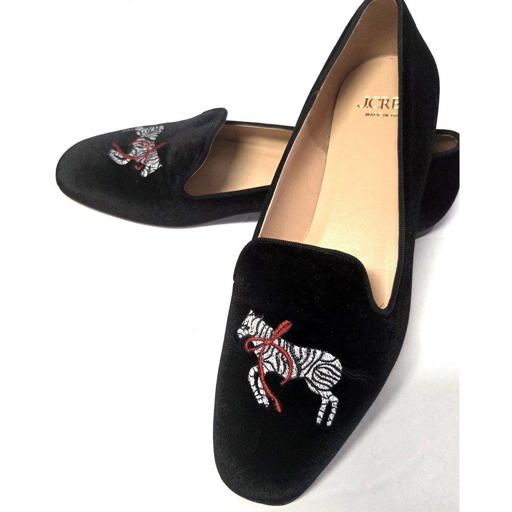 J. Crew Smoking Loafers 9 Zebra Embroidered Red Bow Black Velvet Made Italy NWOB
